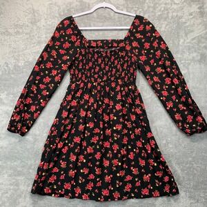 Old Navy Floral Smocked Mini Dress Medium Black Red Cottagecore Long Sleeve